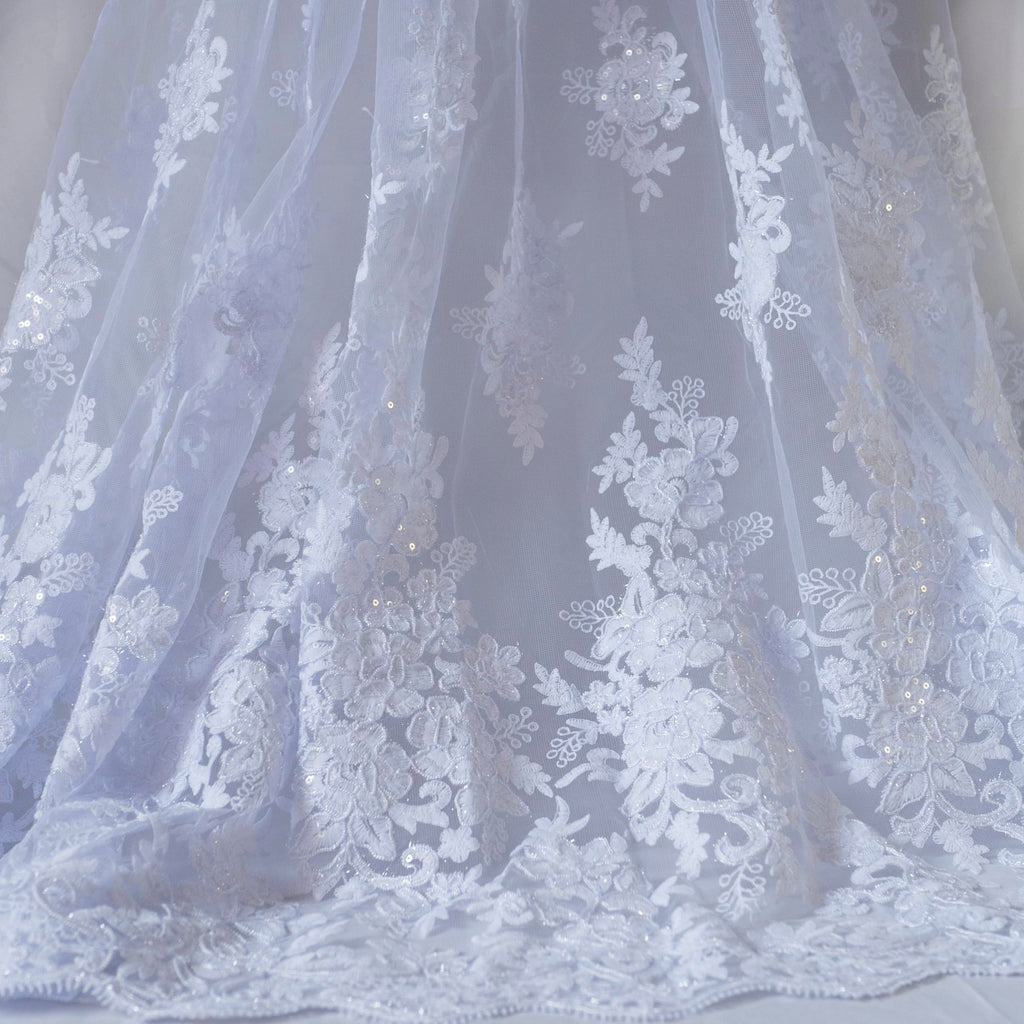White Lace Fabric 5 Yards, Floral Sequin Embroidered Tulle Material Lace Fabric by The Yard for Wedding Party Dress