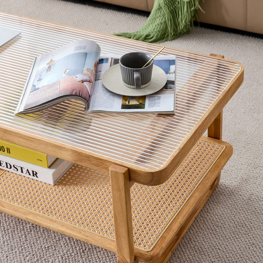 Solid Wood Coffee Table, Modern Rattan Coffee Table with 2-Tier Storage Shelf, Boho Rectangle Coffee Table with Glass