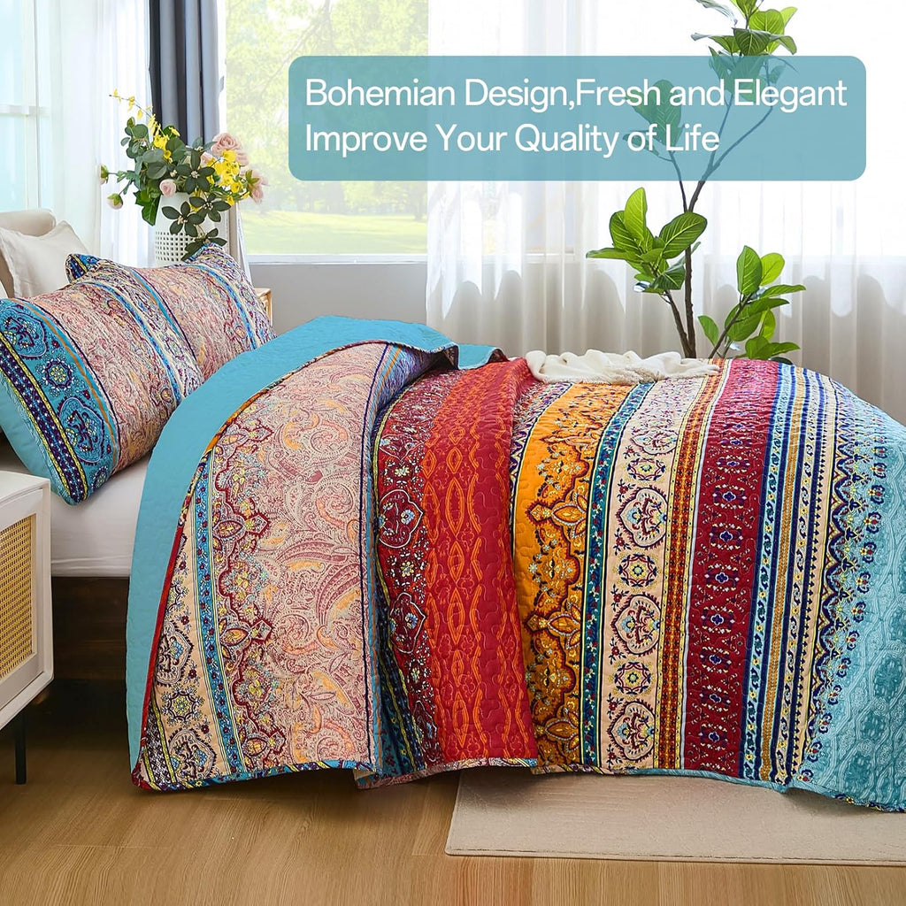 Bohemian Quilt Set Queen, Boho Striped Pattern Quilts Bedspread Set for All Season, Soft Microfiber Bedding Coverlet