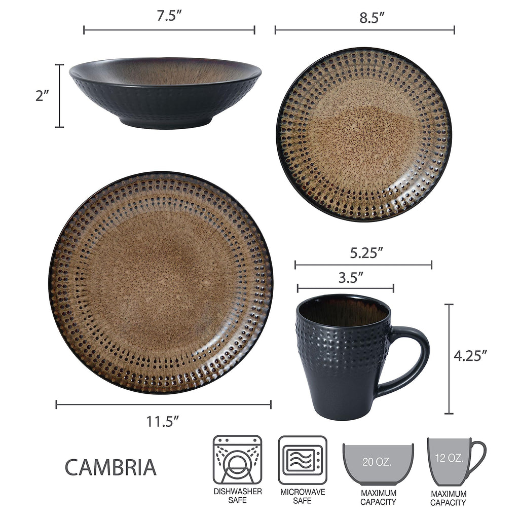 Cambria 16-Piece Stoneware Dinnerware Set, Service for 4, Dark Brown