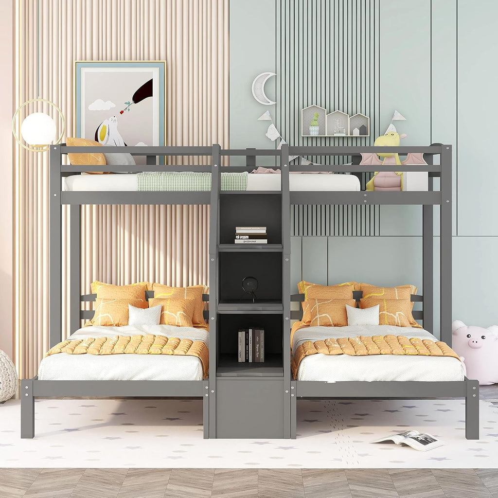 Triple Bunk Bed with Stairs and Storage Staircase, Twin Over Twin & Twin L-Shaped Bunk Bed for 3