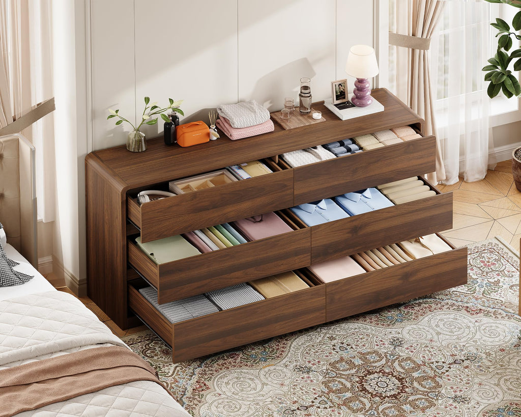 55" Dresser with 6 Drawers, Dressers & Chests of Drawers with Curved Profile Design, 6 Drawer Dresser, Bedroom