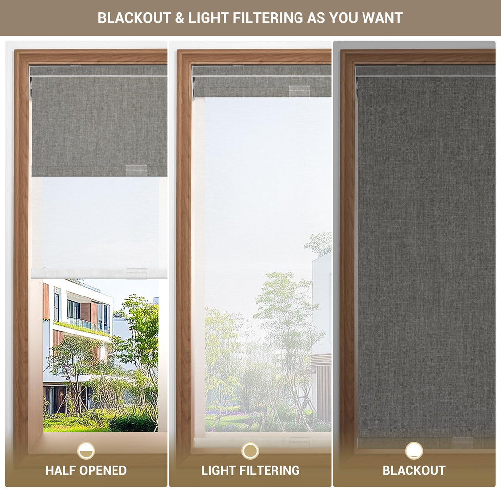 Cordless Dual Roller Shades, Linen Grey & White, Custom Size