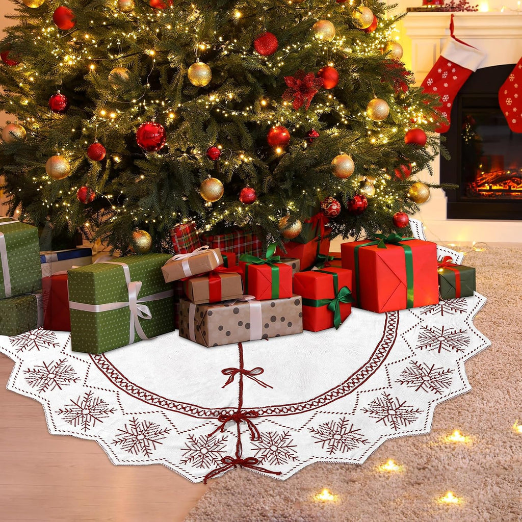 60inch Extra Large Christmas Tree Skirt Wavy Edged Reversible Knitted Tree Skirt Burgundy & Snowflake Pattern Thick