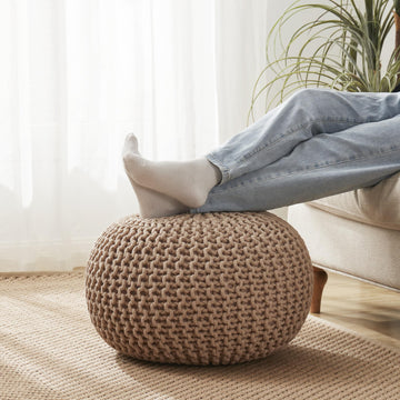 Pouf Ottoman Foot Rest Stuffed - 20" Diameter x 14" Tall Cozy Floor Pouf & More - 100% Cotton Knit Shell, EPS Bead