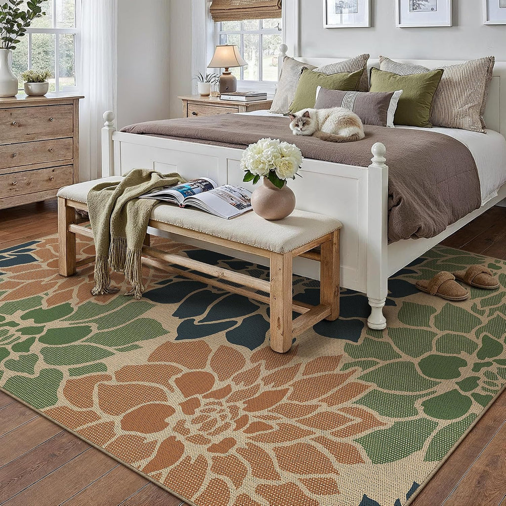 Navy Orange Easy Jute Outdoor Rug Floral Farmhouse Carpet