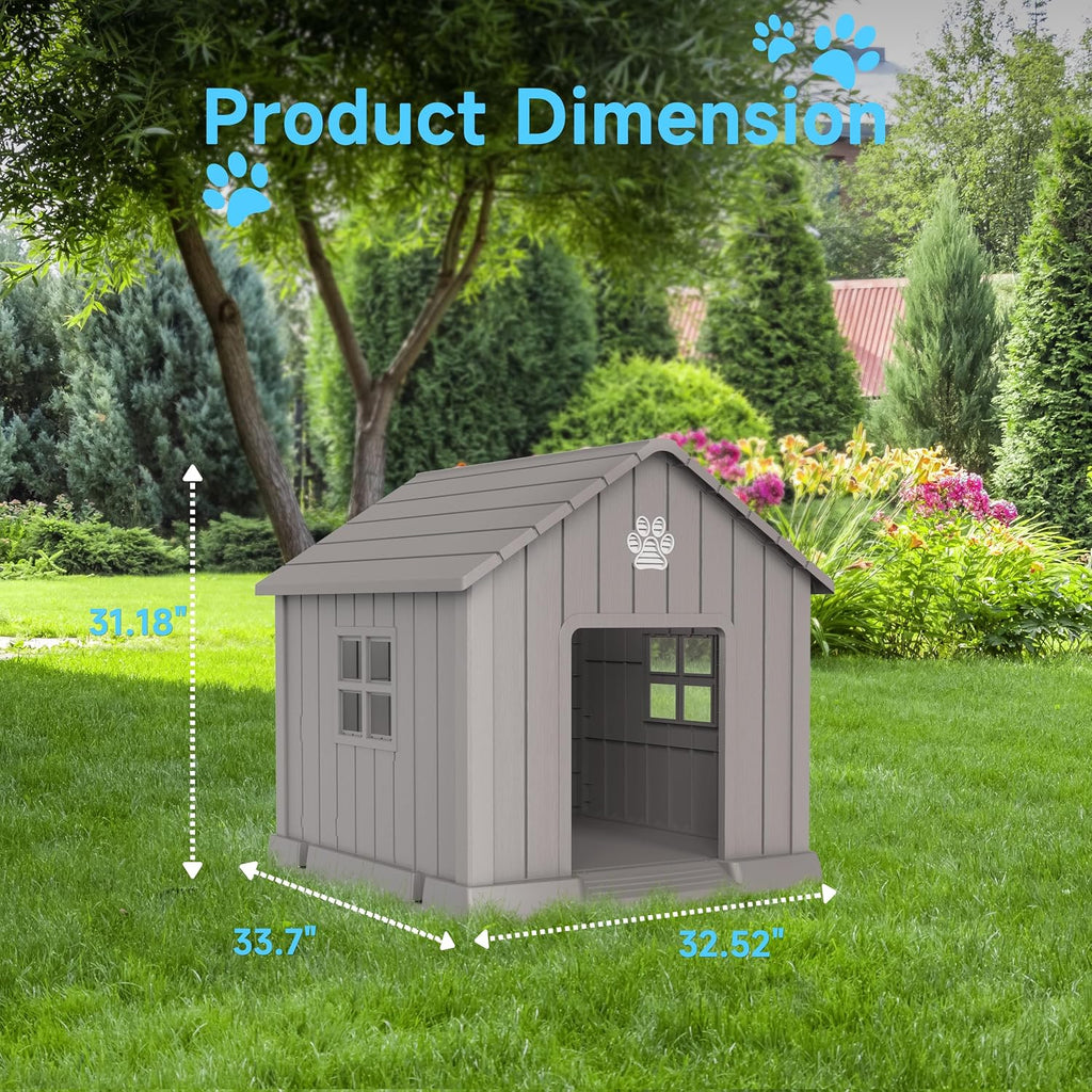 32in Large Outdoor Dog House, Durable Water Resistant Resin Dog House, Doghouse for Small to Large Dogs Indoor or