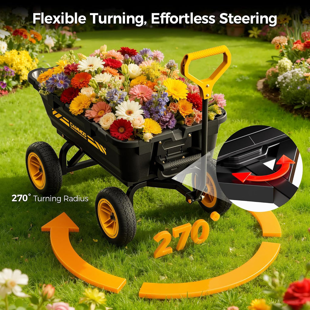 10-in NO-Flat Tires 900lb Garden Dump Cart Wheelbarrow Garden Wagon | Black Garden Cart DIY Expandable Bed Holds over