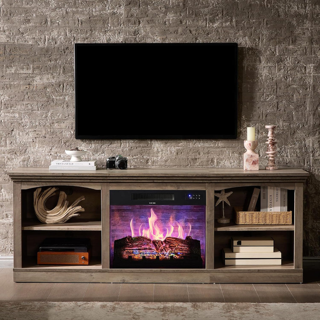 70 Inch Fireplace TV Stand for TVs up to 80", Farmhouse Entertainment Center with 23" Electric Fireplace One-Box