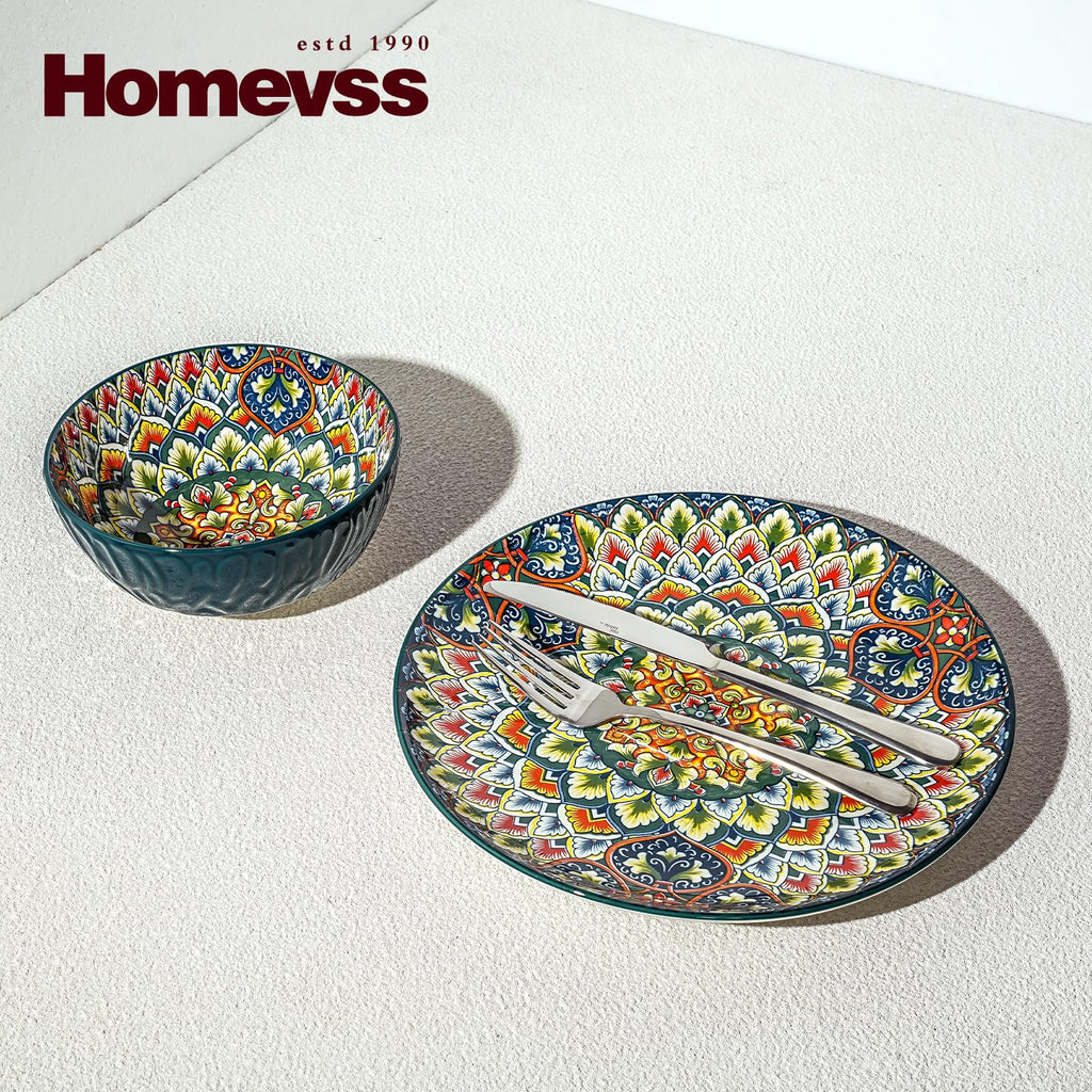 Boho 10 Pieces Dinnerware Sets, Plates and Bowls Set, Porcelain Dishes Set for 2, Microwave and Dishwasher Safe