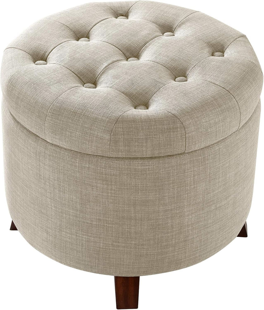 Round Storage Ottoman Foot Rest, Button Tufted Upholstered Footstool with Storage, Sturdy Linen Fabric , 20" x 17"