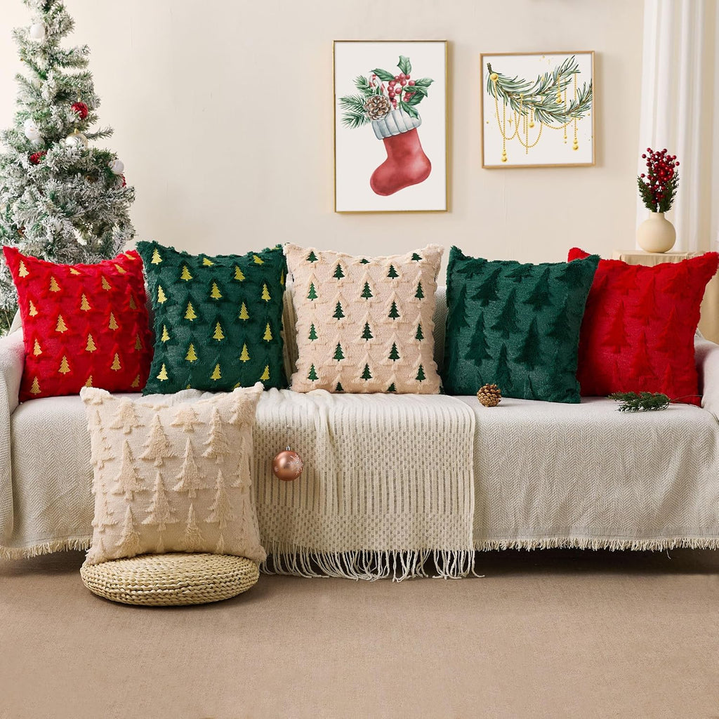 Christmas Pillow Covers 20x20 Beige Brown Xmas Tree Pillow Covers Soft Plush Faux Fur Christmas Decorations - Set of 2