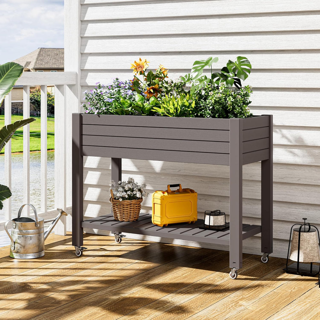 33.7" Tall Raised Garden Bed with Wheels, Divisible Plastic Planter Box with Drainage Gauge & Storage Shelf, Herb