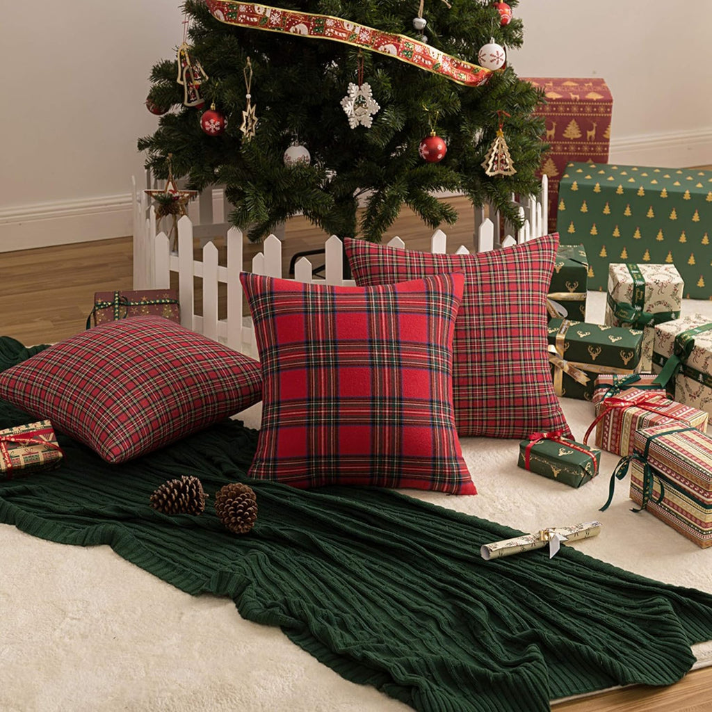 Christmas Plaid Decorative Throw Pillow Covers Red 20x20 Inches - Set of 2