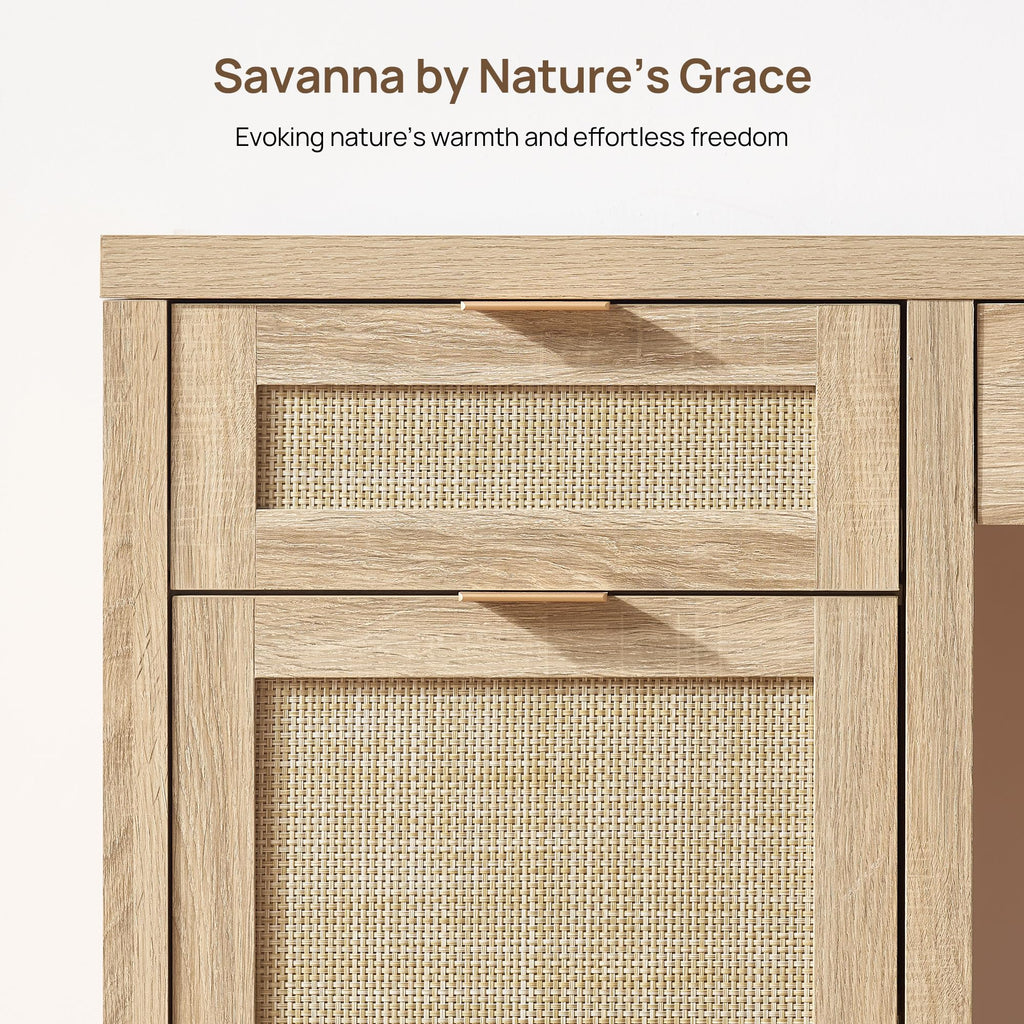 55" Rattan Desk with 3 Drawers - Wood Office Computer Desk with Storage Modern Boho Home Office Desks with Side