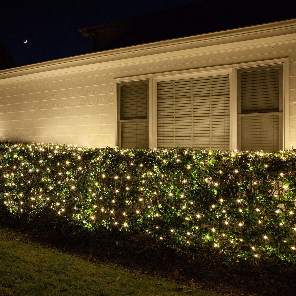 Set of 100 Warm White LED Net Lights - Christmas Outdoor Decorations, Green Wire (4 x 6 ft, 5mm Lights)