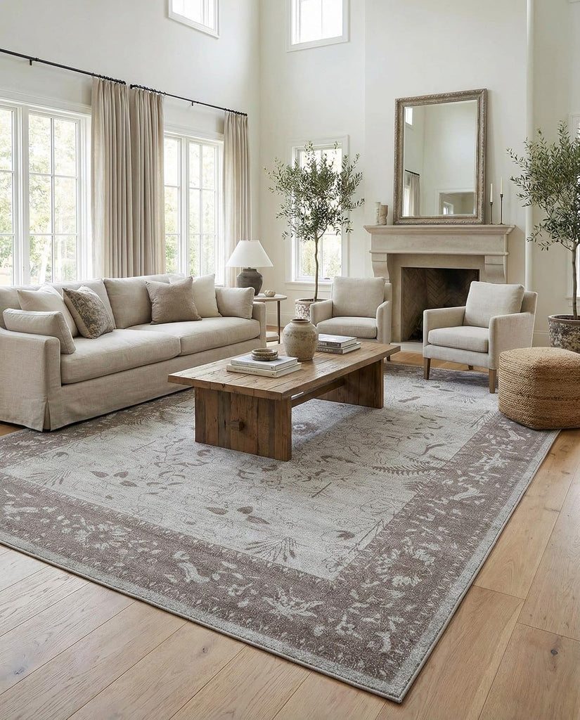 Miranda Rug - 10' x 13' 1 Light Gray Easy-Clean Area Rug - Vintage Floral Design