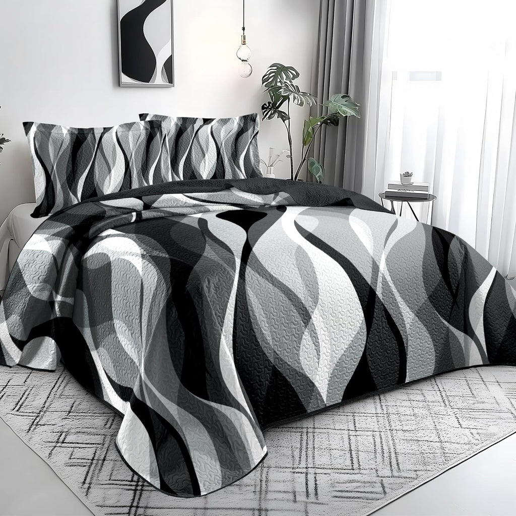Weesire Classic Line Pattern Bedding Quilt Queen Modern Grey Black and White Stripe Quilt with 2 Shams