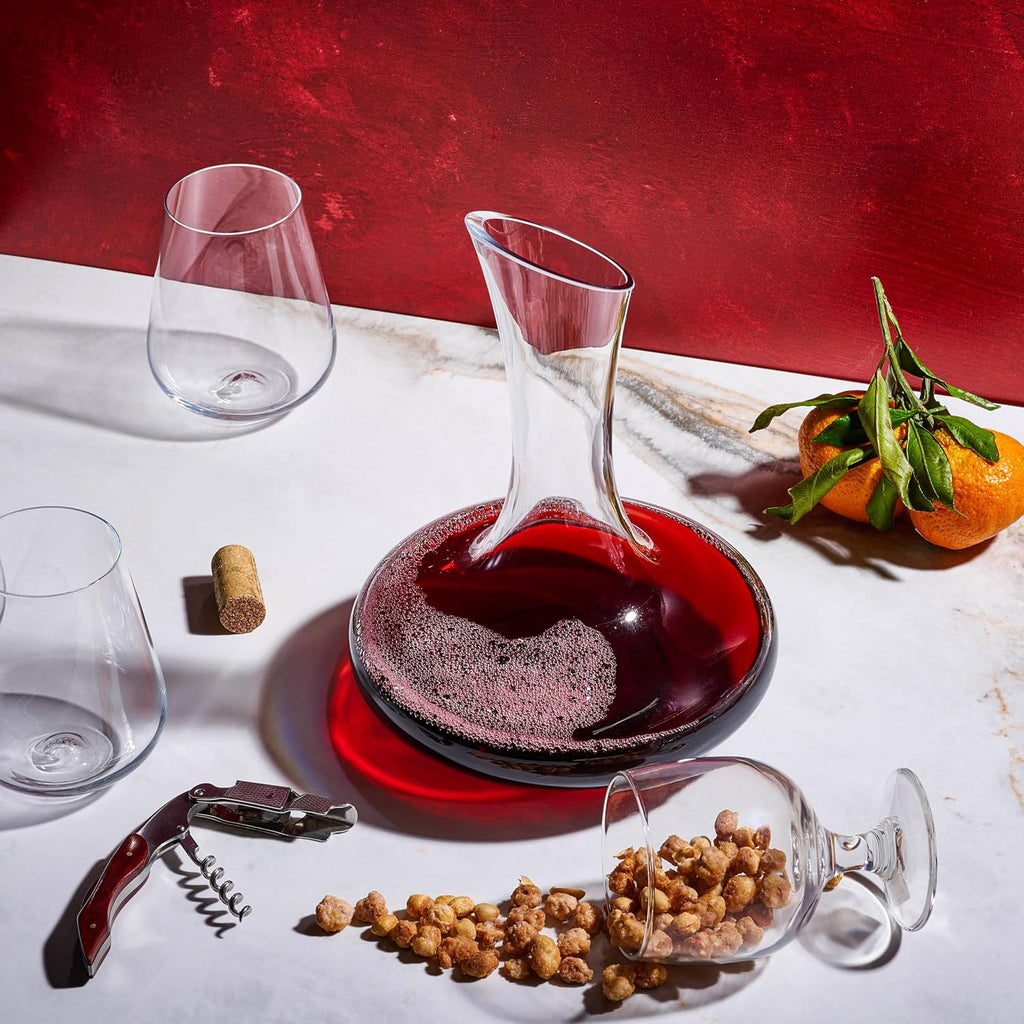Large Elegant Red Wine Decanter with Aerator Pourer, 1600ml. - Hand Blown Lead-Free Crystal Glass Carafe