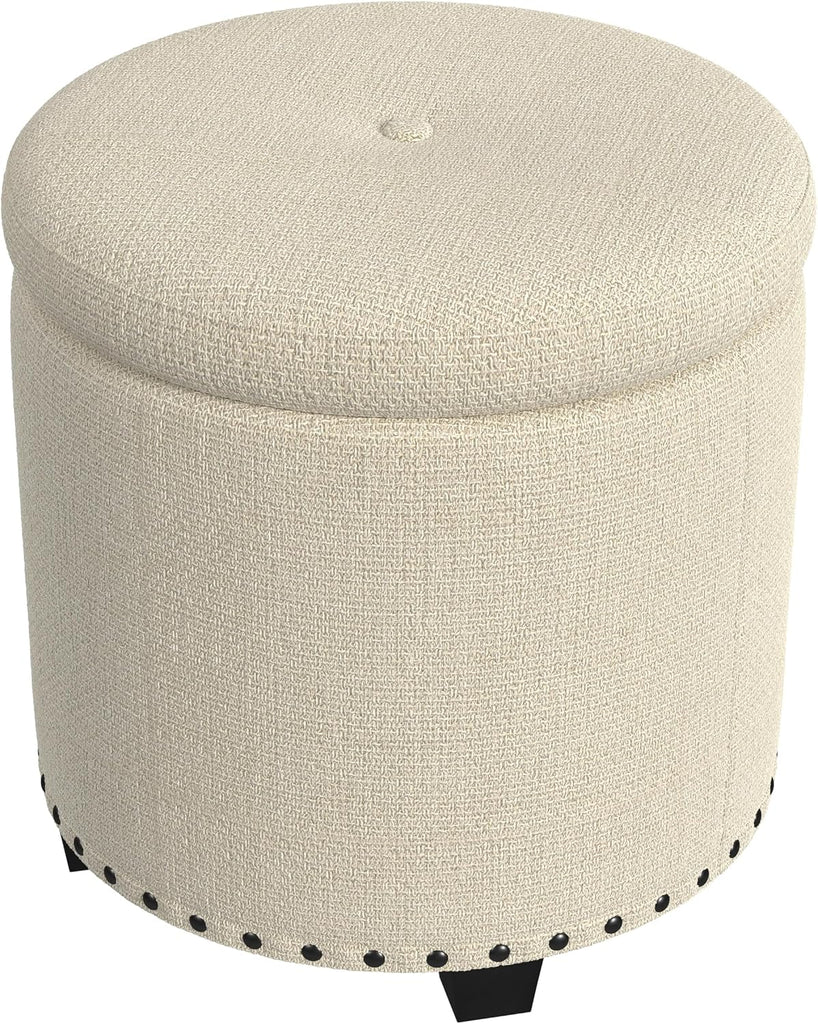 18.5" Round Storage Ottoman with Nailheads - Cream Woven