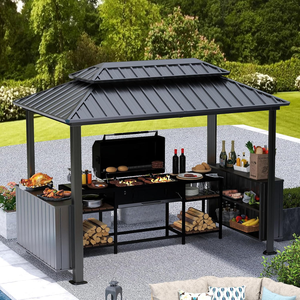 6’x10’ Hardtop Grill Gazebo, BBQ Gazebo for Outdoor Grill with Double Galvanized Steel Roof