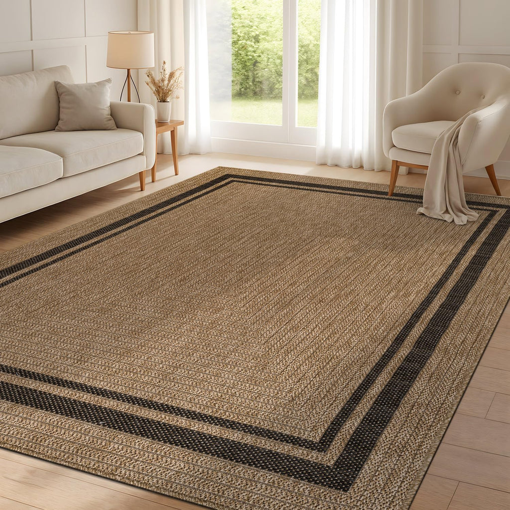 Easy Jute Bordered Rug 8x10 Washable Durable Indoor Outdoor Area Rugs for Living Dining Room Patio Office Stain