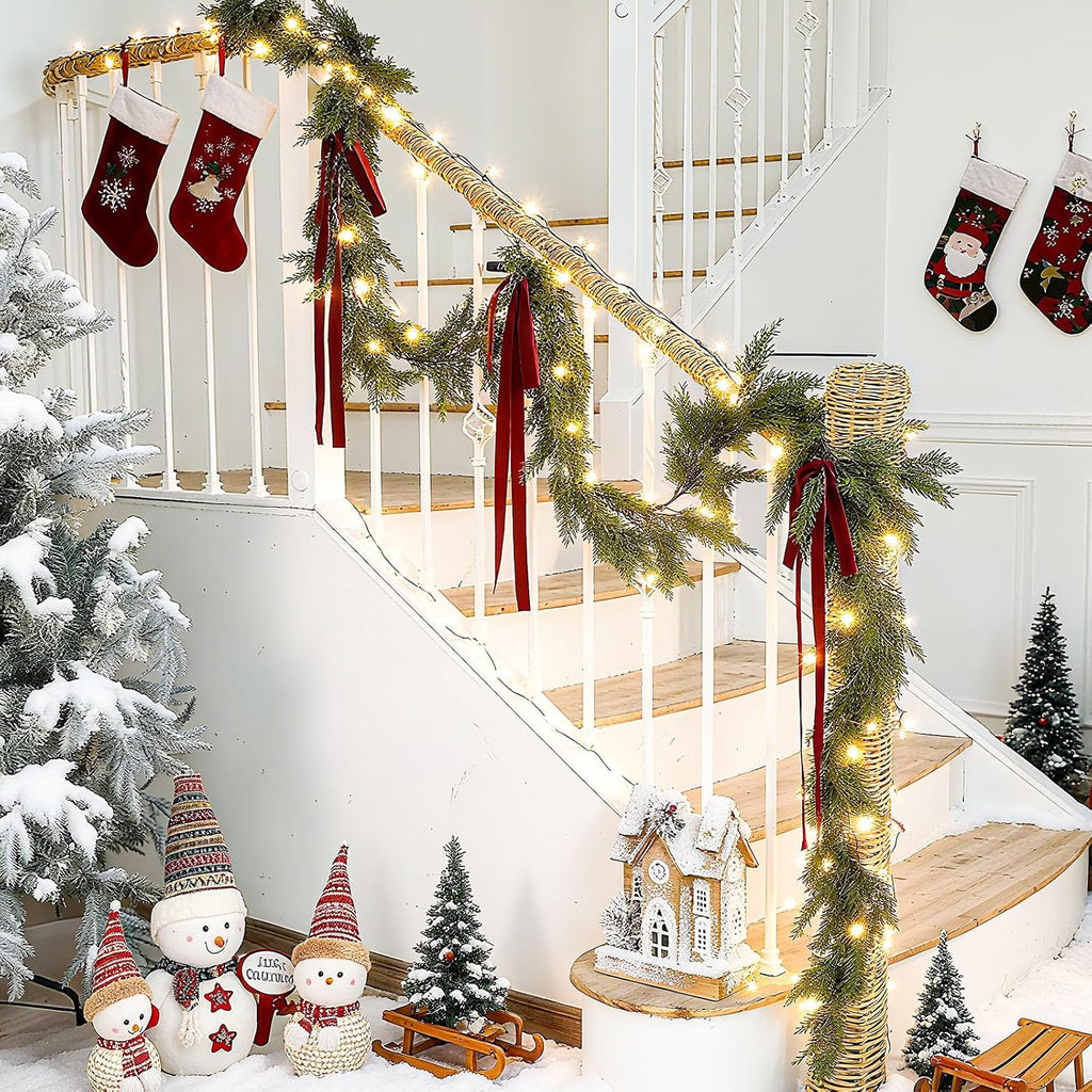 15ft Christmas Garland for Stair with 4 Velvet Bows, Cedar Pine