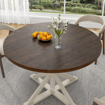 Round Wood Dining Table, Farmhouse Dinner Tables W/Thickened Brown Waterproof Tabletop for 4 People, 47 inch Rustic