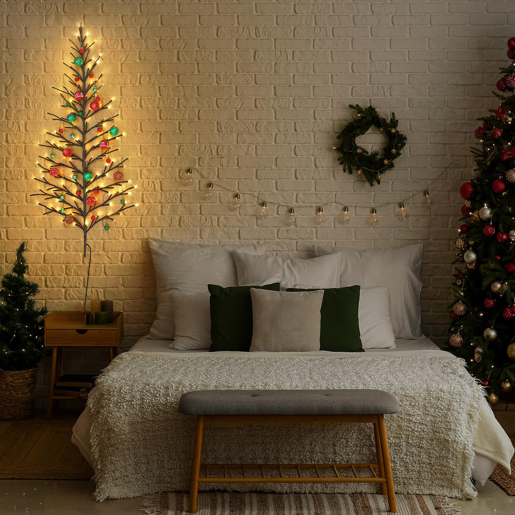 5 FT 144 LED Lighted Wall Christmas Tree with Decorative Balls, 8 Light Modes Plug in Half Christmas Tree, Hanging