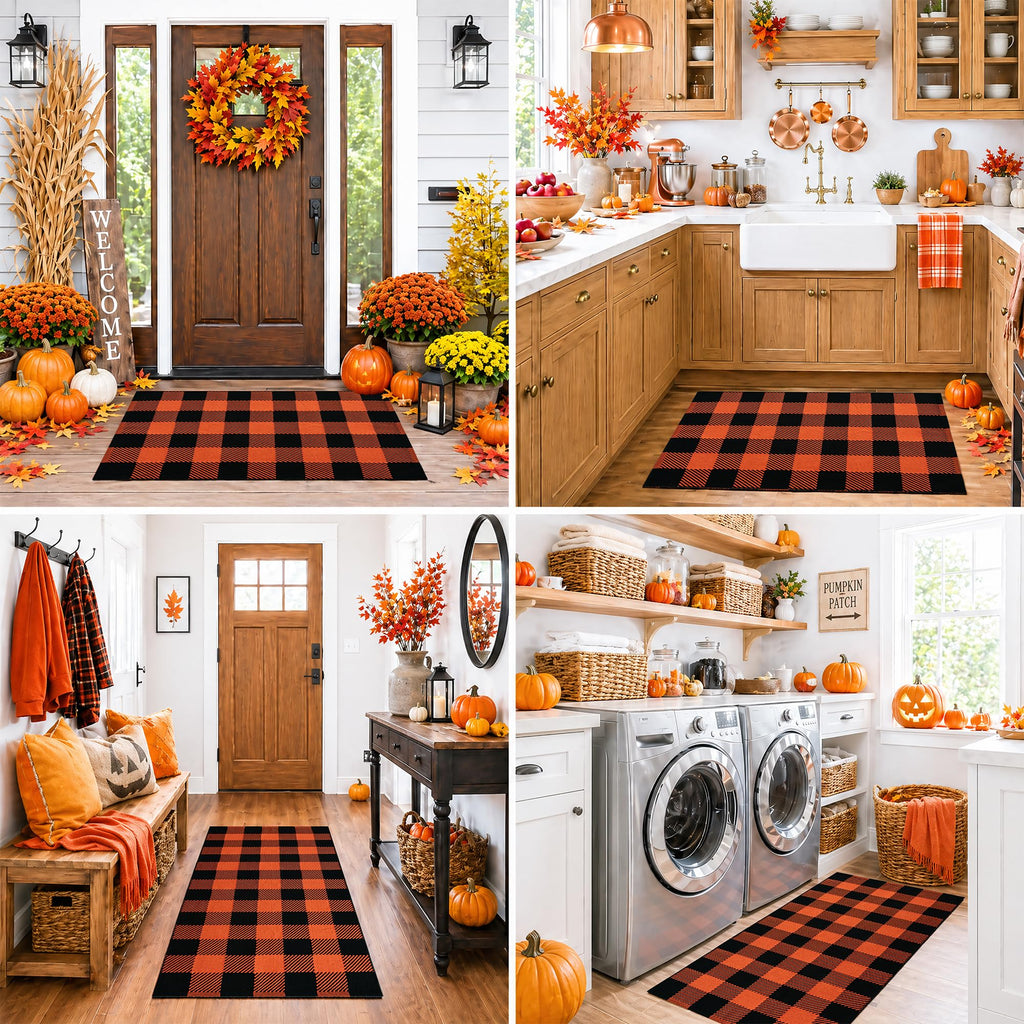 Fall Door Mat Orange and Black Buffalo Plaid Rug 3'x 5', Washable Layering Rug for Front Door Porch Entryway Cotton
