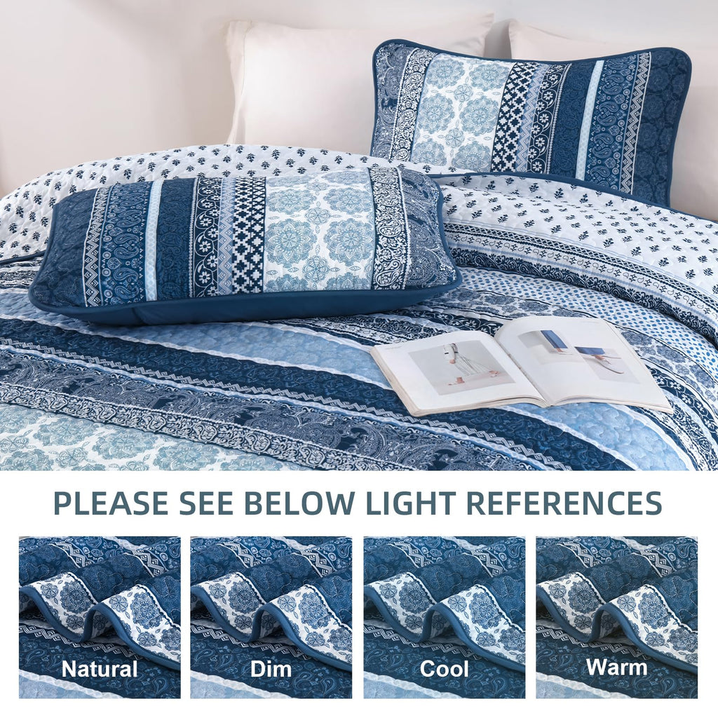 Boho Quilt Set, 3 Pcs Navy Blue Bedspread Covrtlet Set