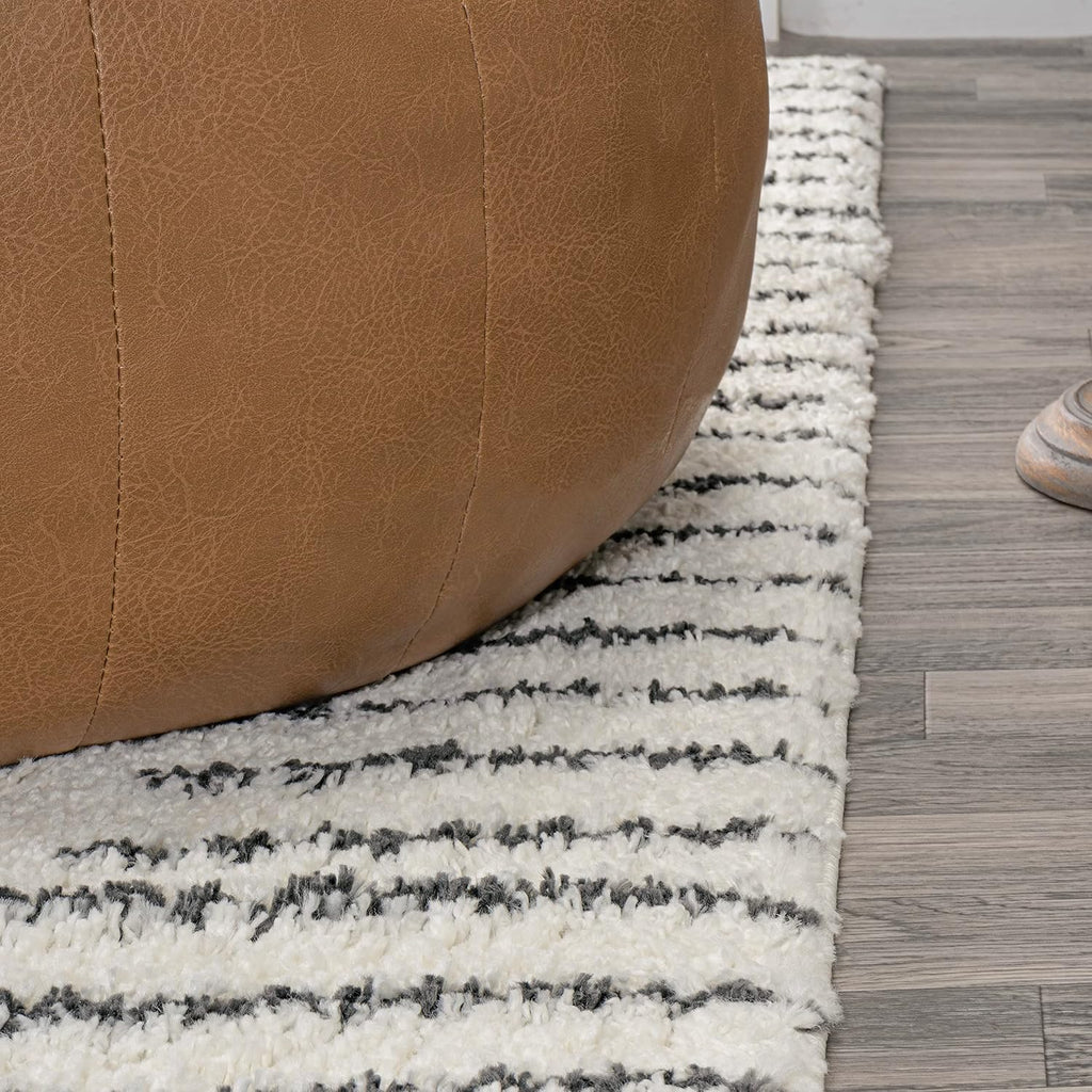 Petra Abstract Stripe Shag White/Gray Indoor Area Rug, Geometric, Bohemian, Contemporary, Easy-Cleaning, Pet