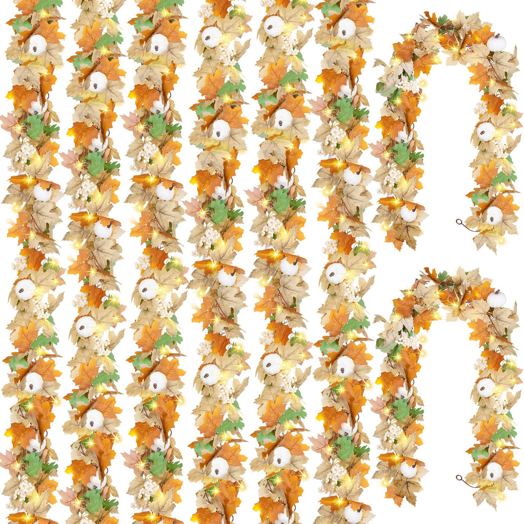 8 Pack Fall Leaf Garland with Lights, Total 47.2Ft Artificial Fall Maple Leaves Autumn Vines Garland with LED Lights