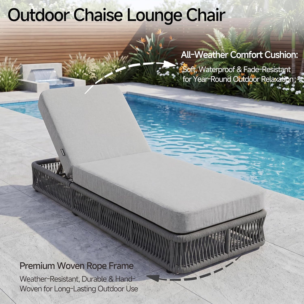 Outdoor Chaise Lounge Chair, 5-Position Adjustable Backrest, All-Weather Grey Woven Rope Recliner with 5 Inch Light
