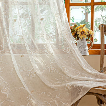 2 Panels Linen Floral Leaf Embroidered Semi Sheer Curtain Farmhouse Voile Curtains Bedroom Window Treatment Beige 52