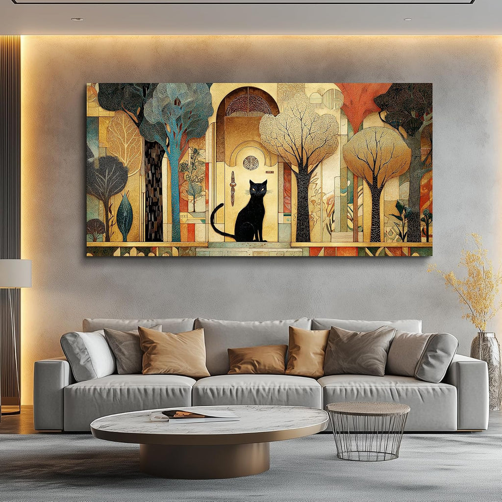 Large Canvas Wall Art Cat Abstract Pictures Vintage Nature Wall Art Modern Farmhouse Cottage Artwork Gold Trees City