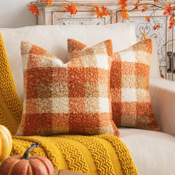 Plaid Fall Throw Pillow Covers Orange 18x18 Inch Set of 2