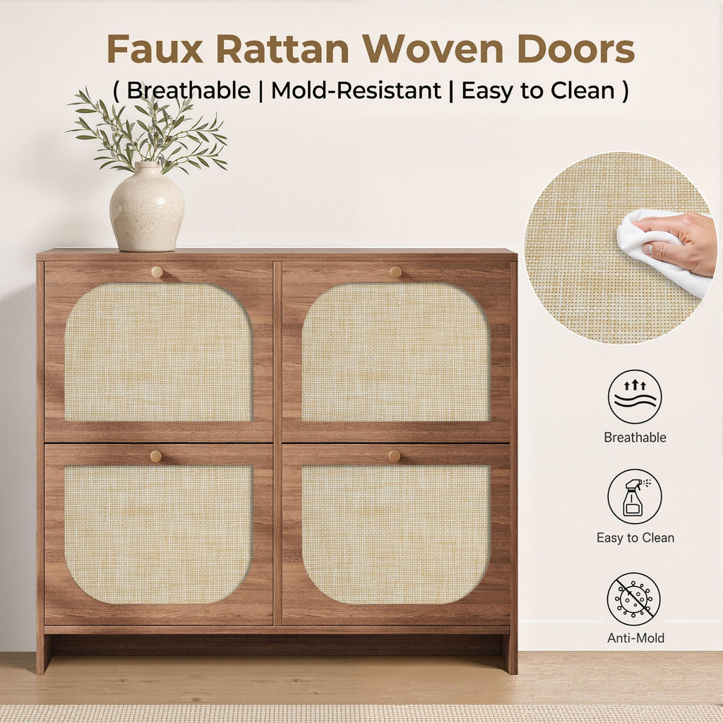 Rattan Shoe Cabinet with 4 Flip Drawers, 9.5" Narrow Shoe Rack, Boho Slim Shoe Storage Organizer with Adjustable