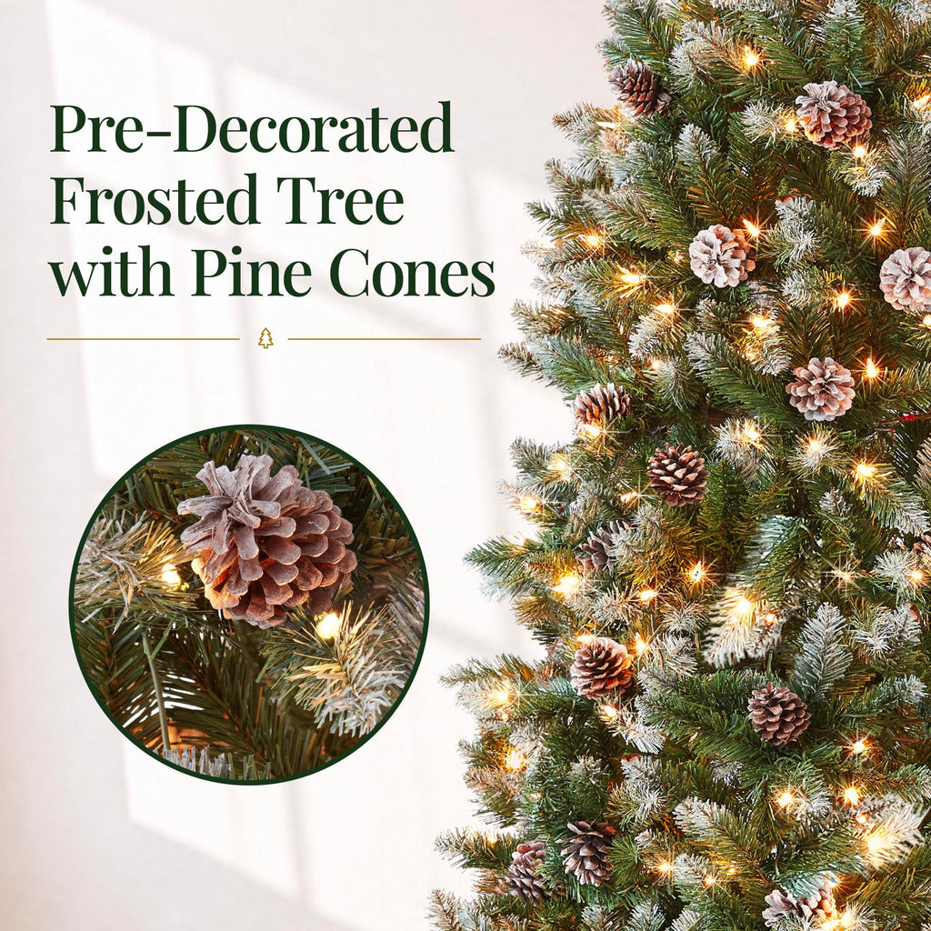 12ft Pre-lit Pencil Christmas Tree Pine w/Warm White Lights Partially Flocked Frosted Slim Holiday Decoration Skinny