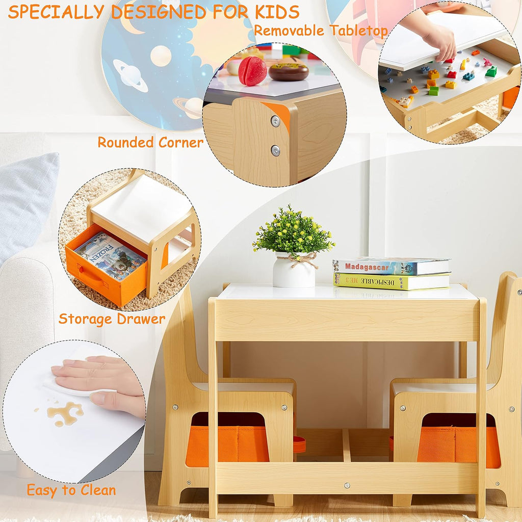 Kids Table and Chair Set, 3 in 1 Wooden Activity Table with Storage Drawer for Toddlers Drawing, Reading, Crafts, 2