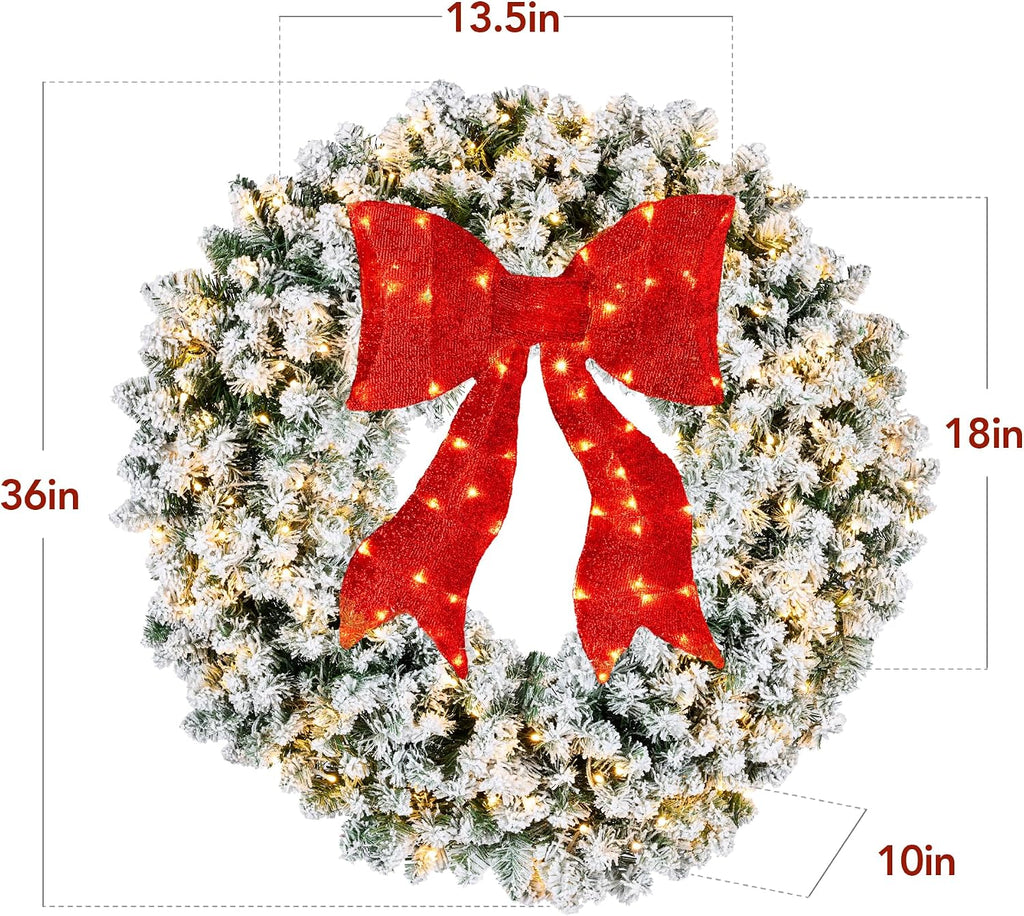 36in Large Flocked Artificial Pre-Lit Fir Christmas Wreath Holiday Accent Decoration for Door, Mantel w/Red Lighted