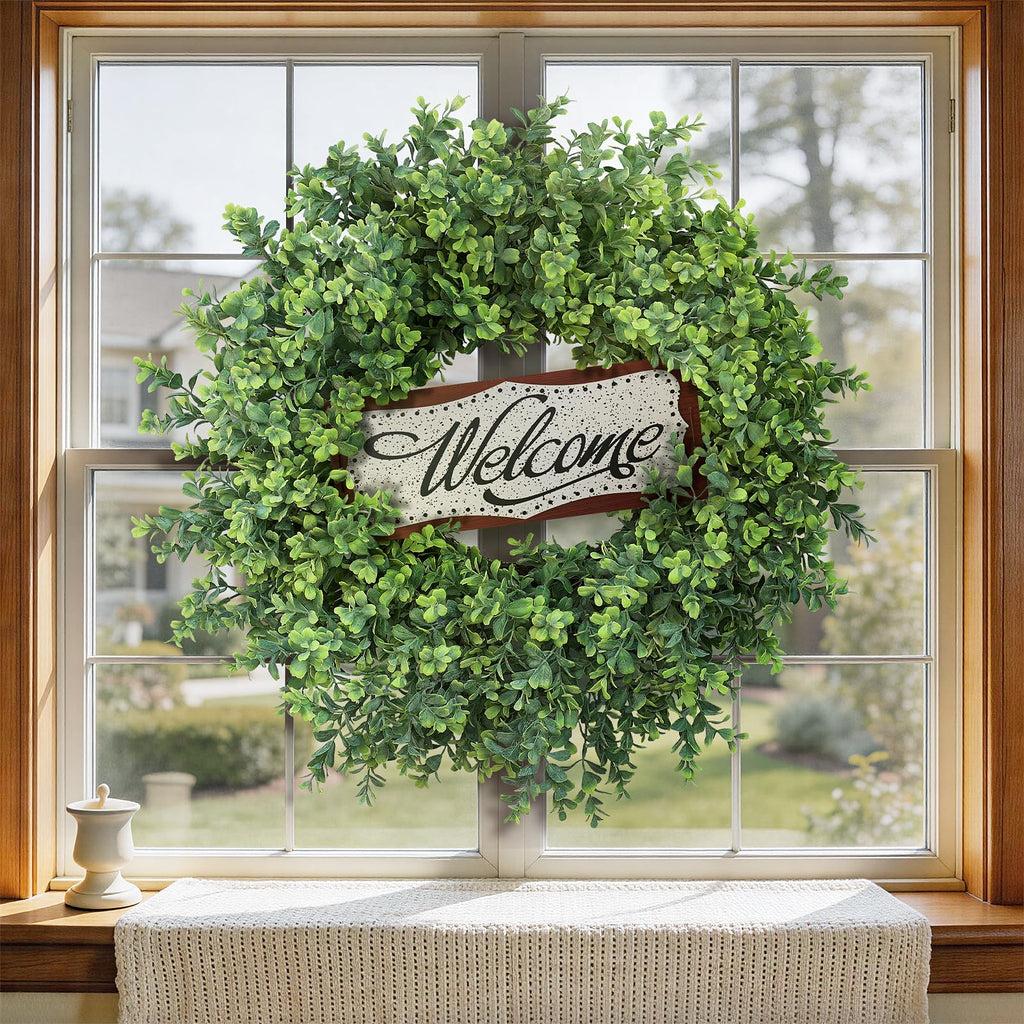 26" Artificial Boxwood Wreath with Welcome Sign for Front Door Decor(Green)