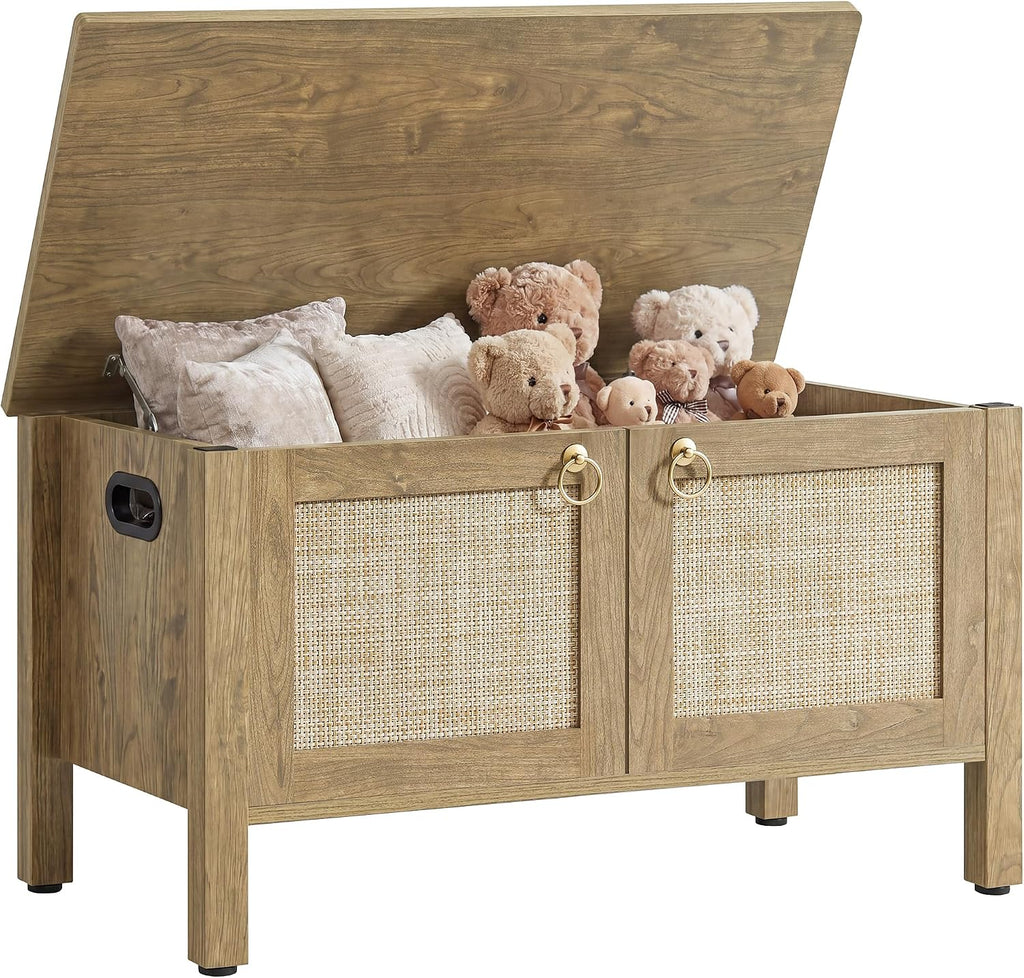 Rattan Storage Bench Boho Storage Chest with 2 Safety Hinges | Wood Storage Truck Box , Supports 220 lb