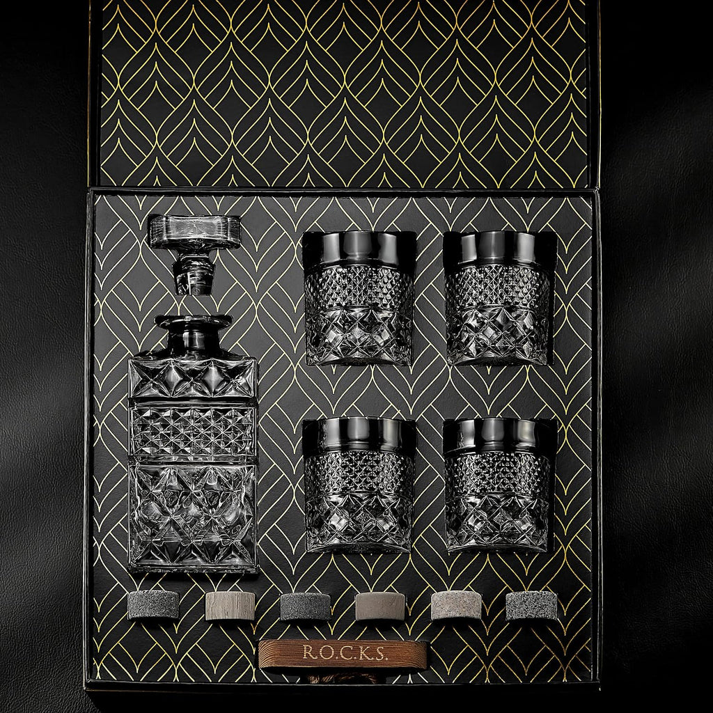 Whiskey Decanter Gift Set with 4 Cocktail Glasses & Handcrafted Granite Whiskey Chilling Stones - Whisky Carafe Glass - Set of 7