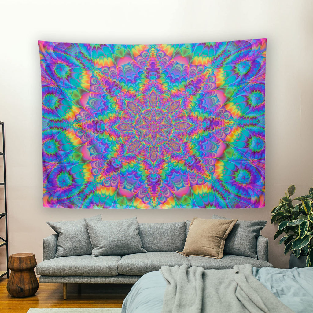 Blacklight Mandala Tapestry 90"x70" Large, Glow In The Dark UV Reactive Psychedelic Bohemian Wall Hanging, Colorful