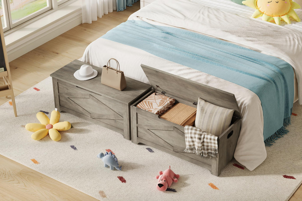 Farmhouse Wooden Storage Chest Bench, Safety Hinges, Spacious Multipurpose Organizer, or Playroom, Easy Assembly