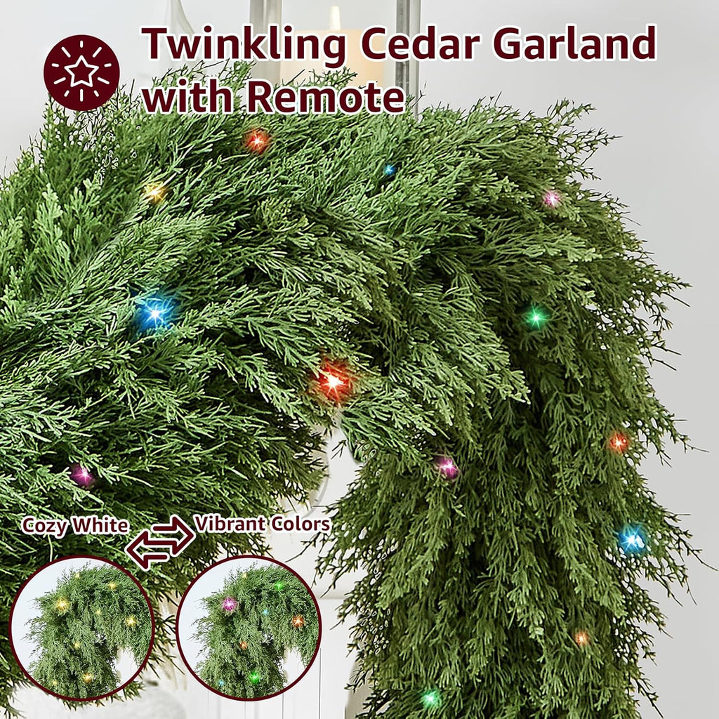 Cedar Christmas Garland with Lights for Mantle - Decorations 9 ft Realistic Lighted Faux Pine Garlands for Xmas