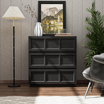 Modern Classic Wood Dresser with 3 Deep Drawers, Bedroom Storage Cabinet in Black Grain Finish, Wide Chest of Drawers