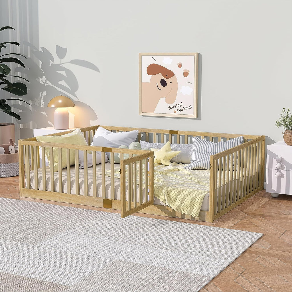 Toddler Floor Bed with Door&High Rails, Natural