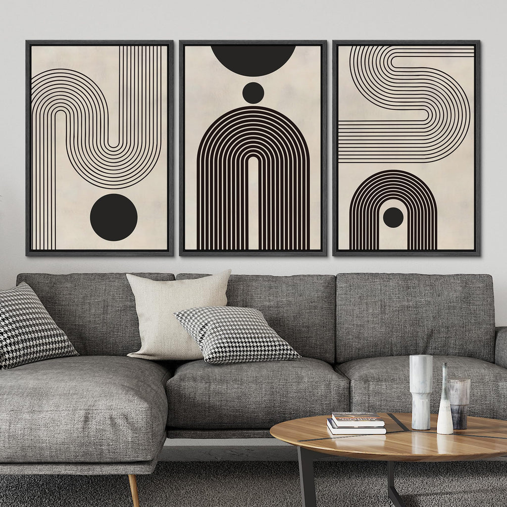 Framed Canvas Print Wall Art Set Duotone Geometric Black & White Polygons Abstract Modern Art Geometric Zen